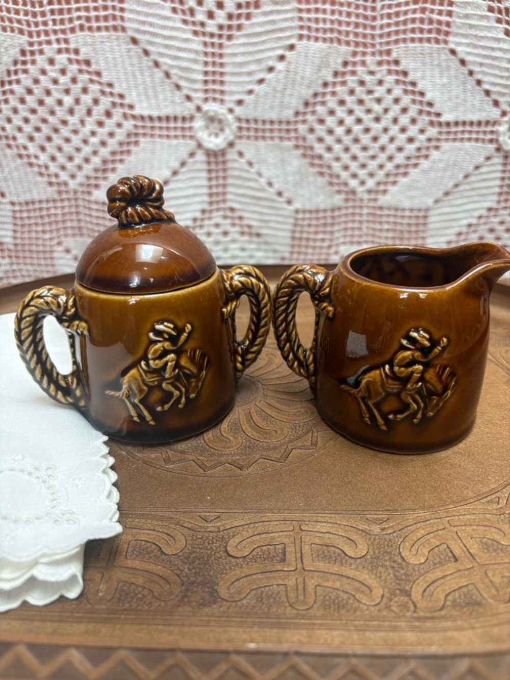 Vintage Texas Cowboy Cream & Sugar Set – Brown Glaze Western Stoneware